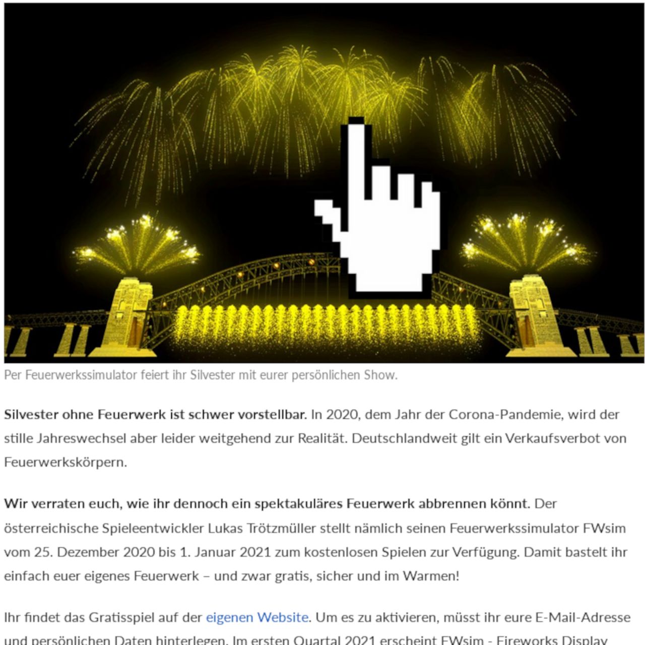 Artikel über das Computerspiel "Feuerwerk Simulator"