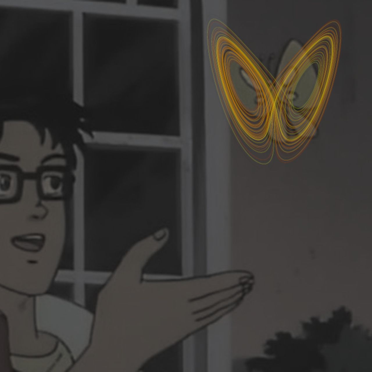 Meme aus Anime mit Schmetterling, der durch die Abbildung eines Lorenz-Attraktors ersetzt ist.