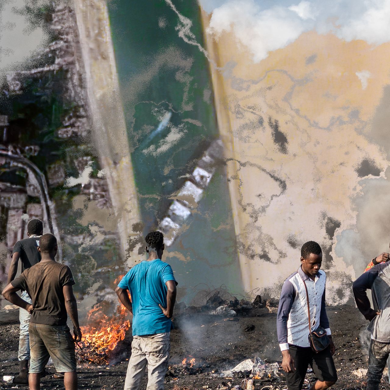 workers burning electronic at Agbogbloshie, smoke is replaced with a satellite image of the container ship Ever Given stuck in the Suez Canal.