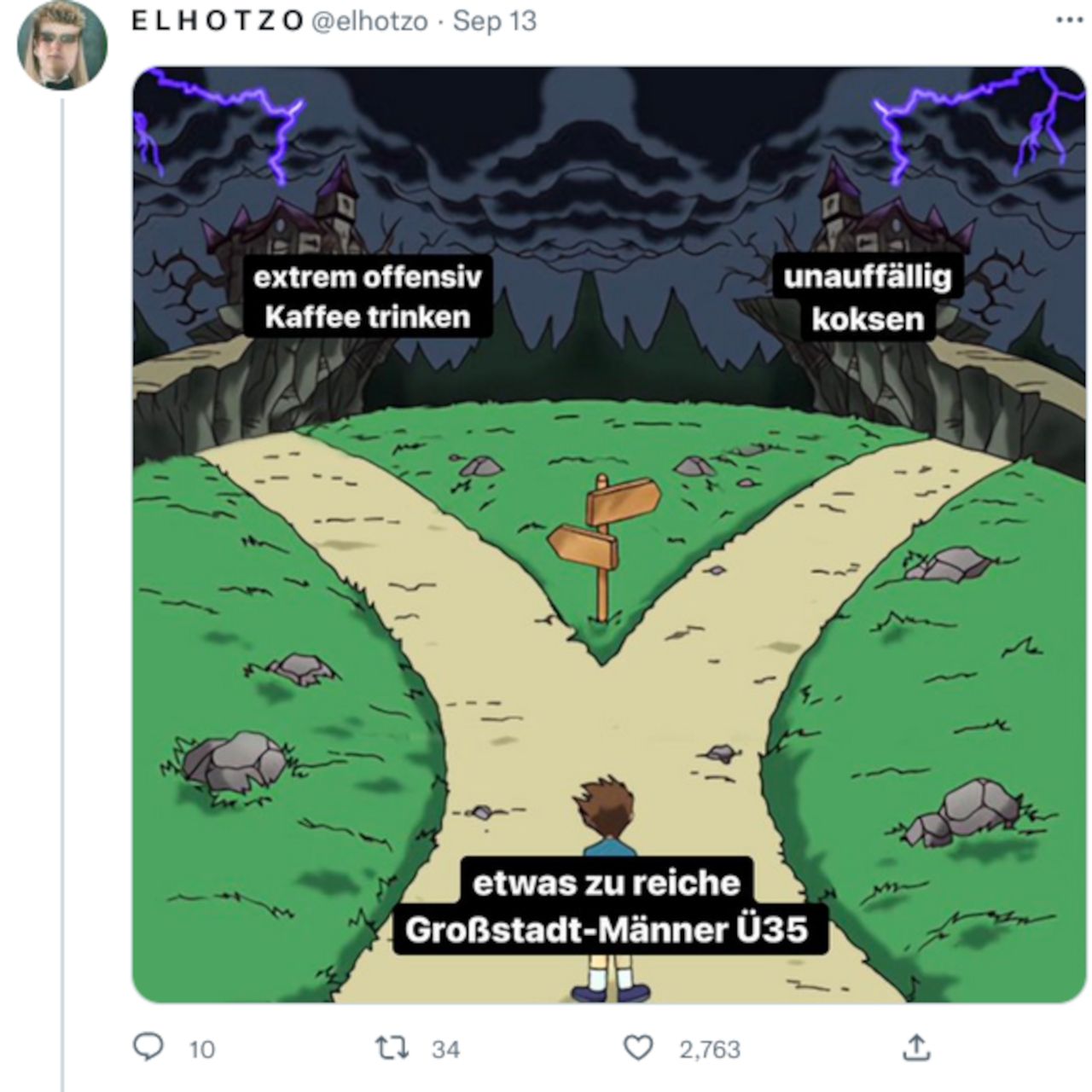 Screenshot eines Tweets von elHotzo mit einem Meme, das eine Entscheidung zeigt. Beide Wege führen in eine düstere Zukunft. Untertitel: Etwas zu reiche Großstadt-Männer Ü-35. Möglichkeit 1: extrem offensiv Kaffee trinken. Möglichkeit 2: unauffällig koksen